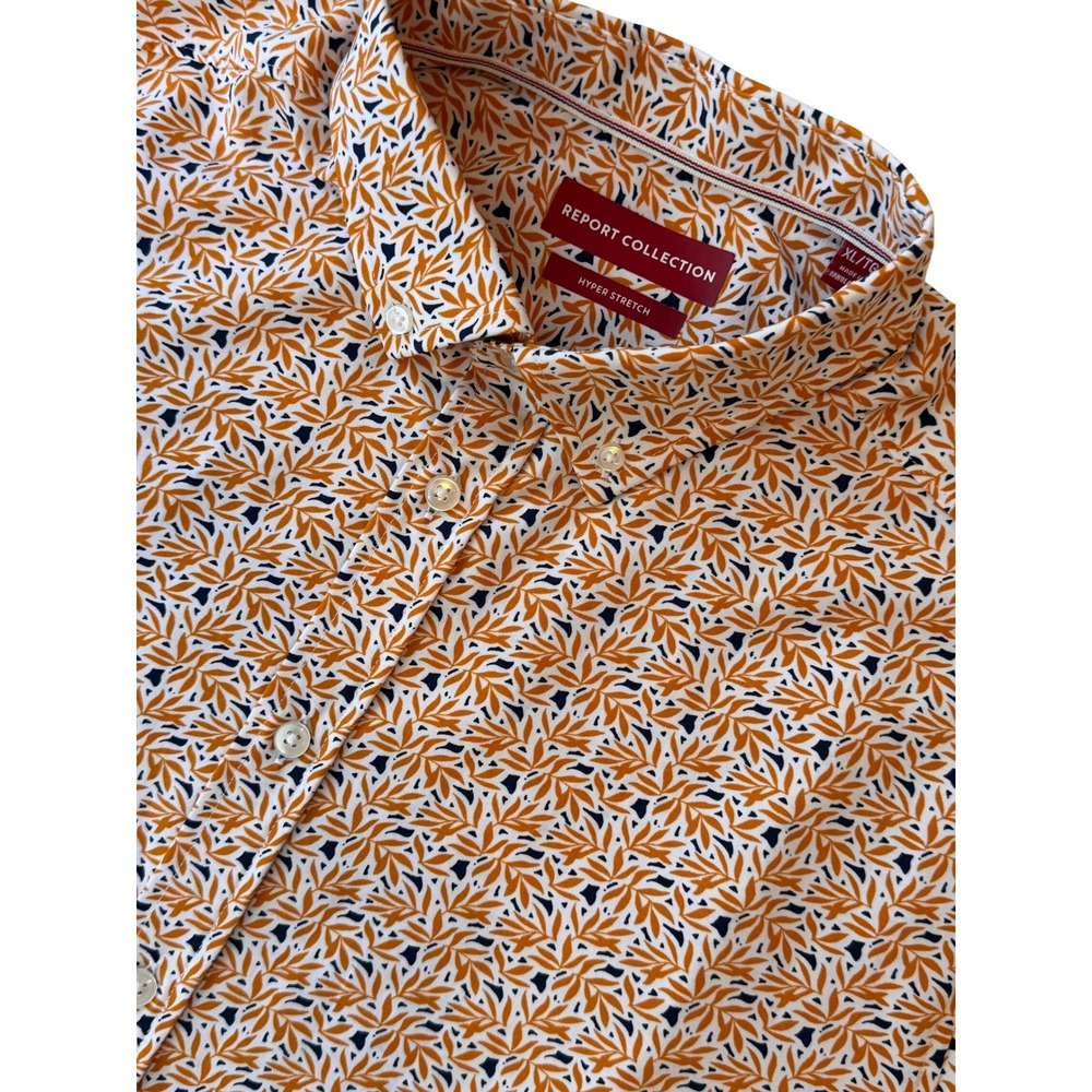 Report Collection Men XL Hyper Stretch Short Sleeve Leaf Print Button Down Shirt